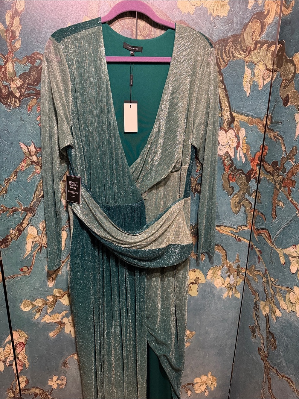 JLUXLABEL Metallic Teal Wrap Long Sleeve Maxi Dress size XXL